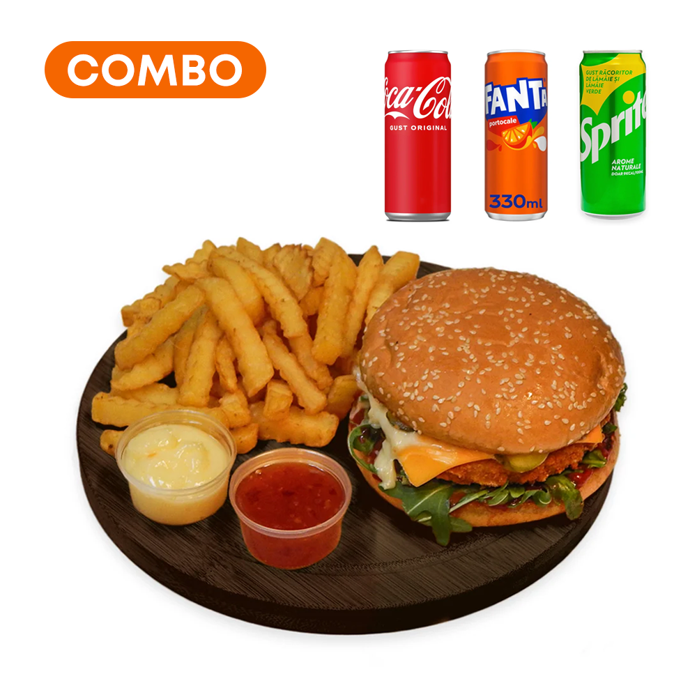Combo American Cheeseburger cu Cartofi Prăjiți + Suc / Apă