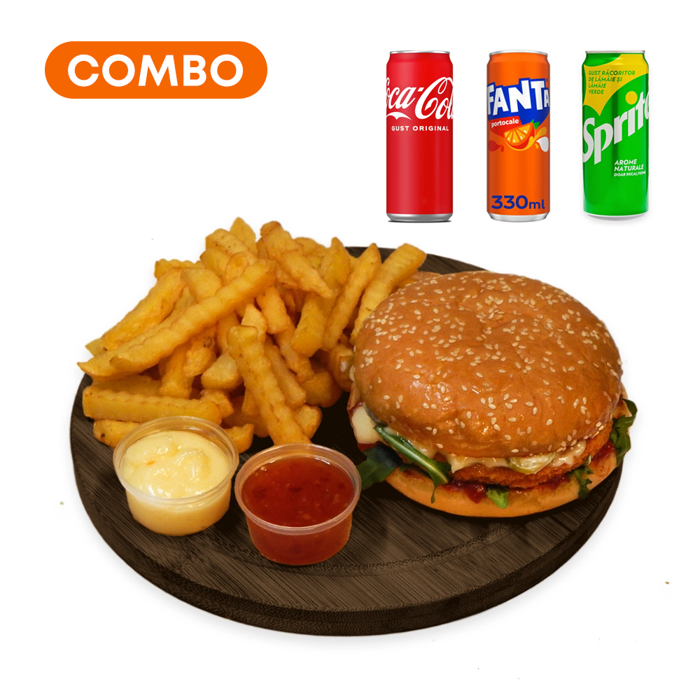 Combo American Burger cu Cartofi Prăjiți + Suc / Apă